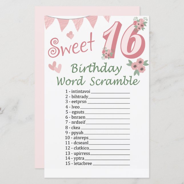 16. Geburtstag Word Scramble Game (Vorne/Hinten)