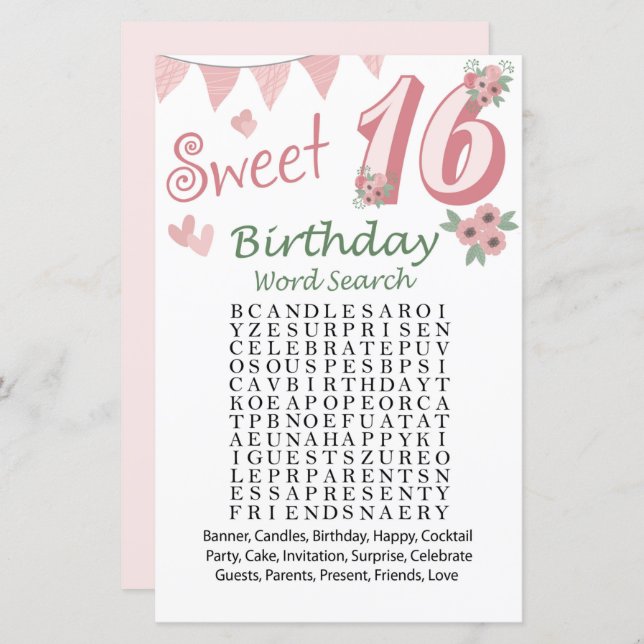 16. Geburtstag Word Search Game (Vorne/Hinten)