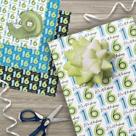 16. Geburtstag Zahlen Grün Blau Geschenkpapier Set