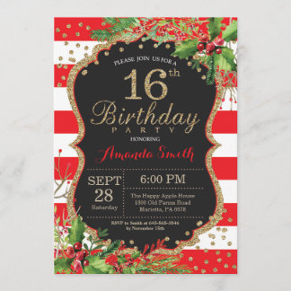 16. Geburtstags-Einladung. Weihnachtsrotes Einladung
