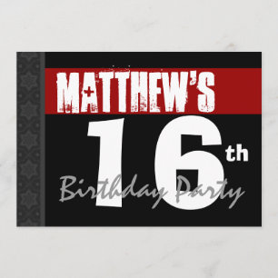 16. Geburtstags-moderne rote Schwarz-weiße Sterne Einladung