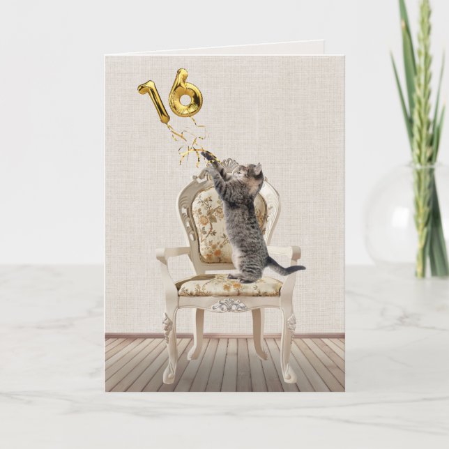 16. Geburtstagsballons und Tabby Cat Karte (Vorderseite)