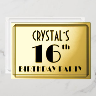 16. Geburtstagsfeier — Art Deco-Look „16“ + Name Folieneinladung