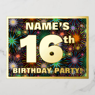 16. Geburtstagsfeier: Fett, farbenfrohe Feuerwerke Folie Einladungspostkarte