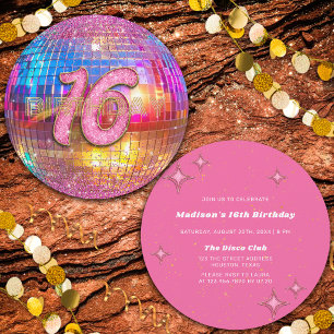 16. Geburtstagsfeier Gold Pink Glitter Disco Kugel Einladung