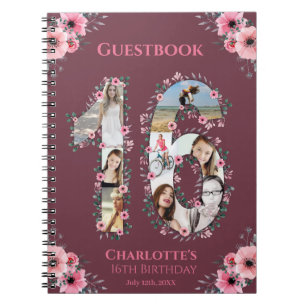 16. Geburtstagsfoto Collage Pink Blume Gästebuch Notizblock