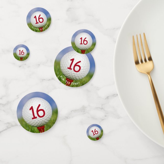 16. Geburtstagsgolfball auf rotem Tee Konfetti (Gruppe)
