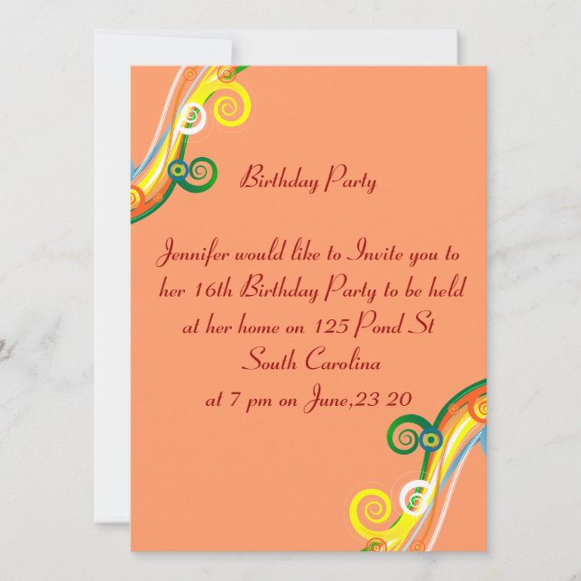 16. Geburtstagskarte Mehrfarbenscrolls Einladung (Vorderseite)
