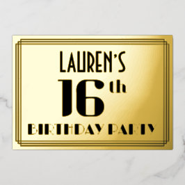 16. Geburtstagsparty: Art Deco Look "16" und Name Folieneinladung