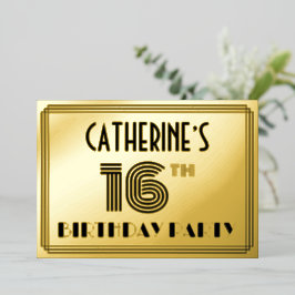 16. Geburtstagsparty — Art Deco Stil "16" & Name Folieneinladung