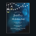 16. Geburtstagsparty blauer Mond-Leuchten Mason Gl Einladungspostkarte<br><div class="desc">Eine romantische Einladungskarte für eine Sweet 16. Geburtstagsparty . Ein dunkler und blauer Abend und eine Nacht mit Vollmond- und Saitenlicht. Zwei rustikale gemalte Mauerkirsche mit Kerzen. Vorlagen für Datum,  Namen,  Veranstaltungsort und UAWG. Der Name ist mit einem modernen handgeschriebenen Stilskript geschrieben.  Weiße Buchstaben.</div>