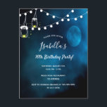 16. Geburtstagsparty blauer Mond-Leuchten Mason Gl Einladungspostkarte<br><div class="desc">Eine romantische Einladungskarte für eine Sweet 16. Geburtstagsparty . Ein dunkler und blauer Abend und eine Nacht mit Vollmond- und Saitenlicht. Zwei rustikale gemalte Mauerkirsche mit Kerzen. Vorlagen für Datum,  Namen,  Veranstaltungsort und UAWG. Der Name ist mit einem modernen handgeschriebenen Stilskript geschrieben.  Weiße Buchstaben.</div>
