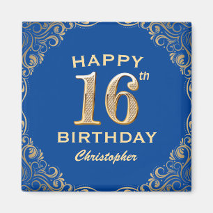 16. Geburtstagsparty Blue and Gold Glitzer Frame Magnet
