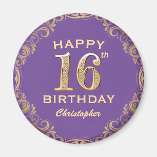 16. Geburtstagsparty Lila und Gold Glitzer Frame Magnet