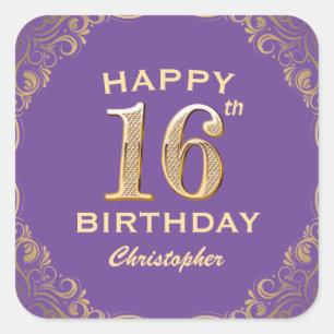 16. Geburtstagsparty Lila und Gold Glitzer Frame Quadratischer Aufkleber