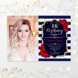 16. Geburtstagsparty mit Foto - Navy Gold Red Einladung<br><div class="desc">16. Geburtstagsfeier mit Ihrem Foto. Enthält weiße Streifen,  Skript-Schriftart,  rote Rosen und Konfetti. Klassisches,  königsblau-weißes Rot-Design mit Imitaten Glitzer Gold. Ideal für eine elegante 16 . Geburtstag-Feier.</div>
