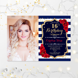 16. Geburtstagsparty mit Foto - Navy Gold Red Einladung