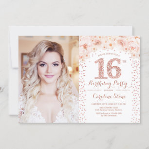 16. Geburtstagsparty mit Foto - Rose Gold Floral  Einladung