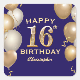 16. Geburtstagsparty Navy Blue and Gold Balloons Quadratischer Aufkleber