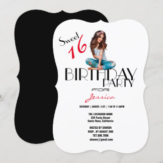 16. Geburtstagsparty Niedlich Girl Teenager Silhou Einladung