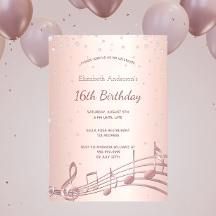 16. Geburtstagsparty Rose Golddiamanten Musik Einladung