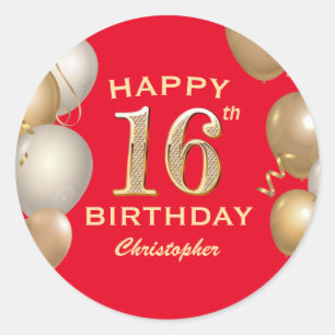 16. Geburtstagsparty Rot und Gold Ballons Runder Aufkleber