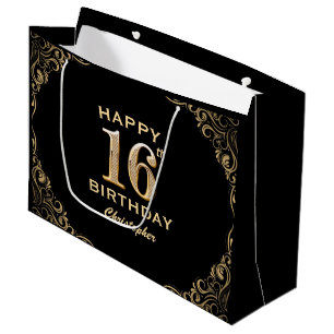 16. Geburtstagsparty Schwarz und Gold Glitzer Fram Große Geschenktüte