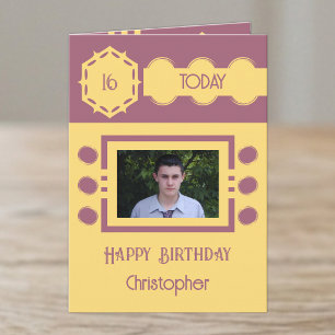 16 heute Foto Name gelb lila Geburtstag Karte