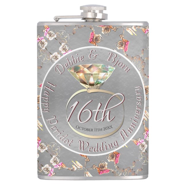 16. Hochzeitstag Peridot, Wax & Statice Flachmann (Vorderseite)