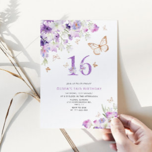 16. Lila Lilac Butterflies Geburtstag Einladung