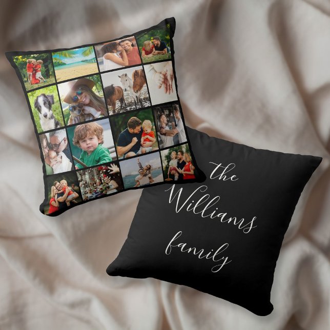16 Name der Fotocollage-Familiennamen Kissen (16 Photo Collage Family Script Name Throw Pillow)
