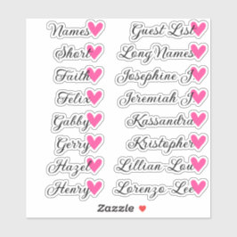16 Namen Custom Guest List Calligraphy Pink Heart Aufkleber