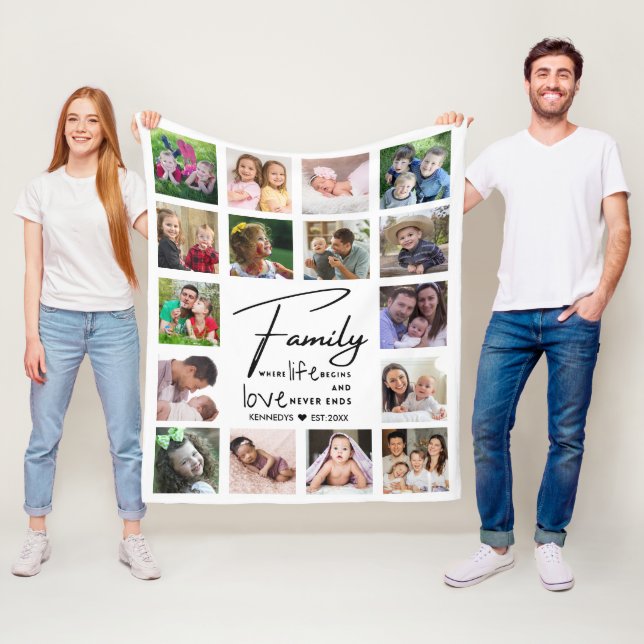 16 Photo Collage Family Quote Name Black And white Fleecedecke (Beispiel)