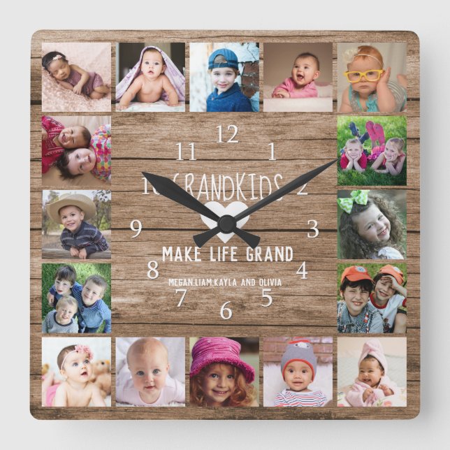 16 Photo Collage Grandkids Make Life Grand Wood Quadratische Wanduhr (Vorderseite)