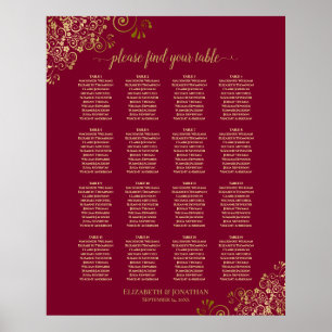 16 Tabelle Elegant Burgund & Gold Seating Chart Poster