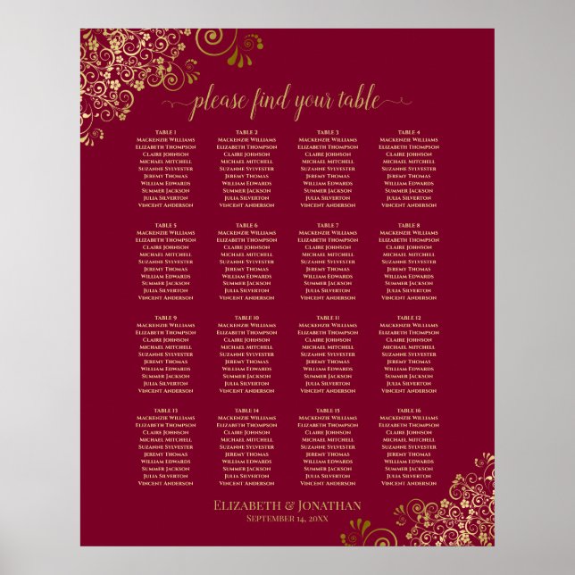16 Tabelle Elegant Burgund & Gold Seating Chart Poster (Vorne)