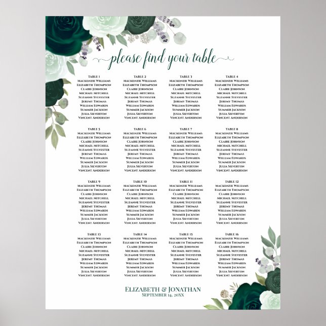 16 Tabelle Emerald Boho Blues Hochzeitstabelle Poster (Vorne)