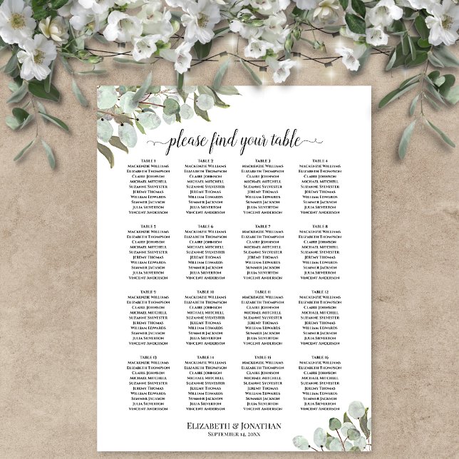 16 Tabelle Eukalyptus Sprigs Hochzeitstabelle Poster (In Situ on Wall with Flowers)