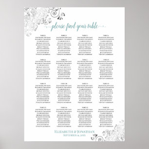 16 Tabelle Frily Wedding Seating Chart Weiß & Aqua Poster
