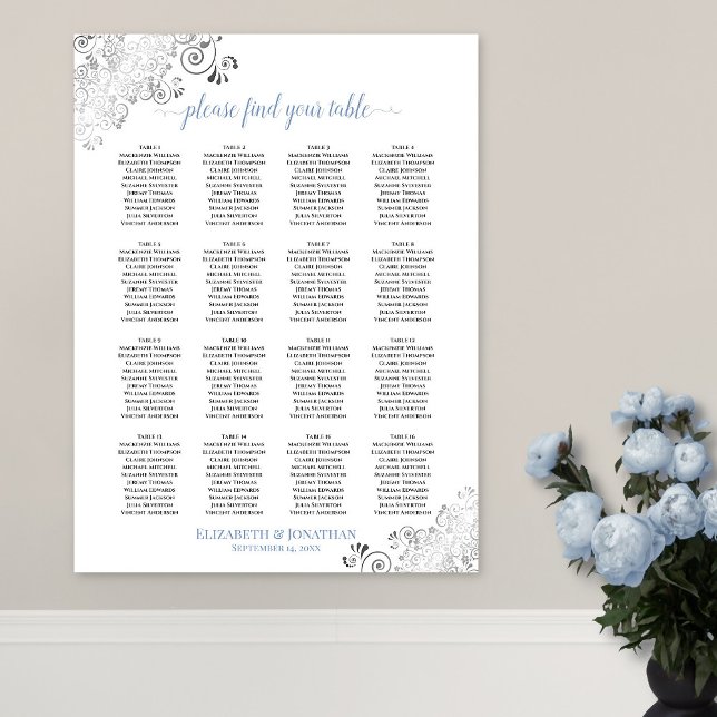 16 Tabelle Frily Wedding Seating Chart White & Blu Poster (In Situ on Wall with Flowers)