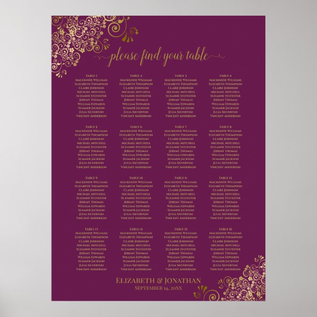 16 Tabelle Gold Spitzen Magenta Hochzeitskarte Poster (Vorne)