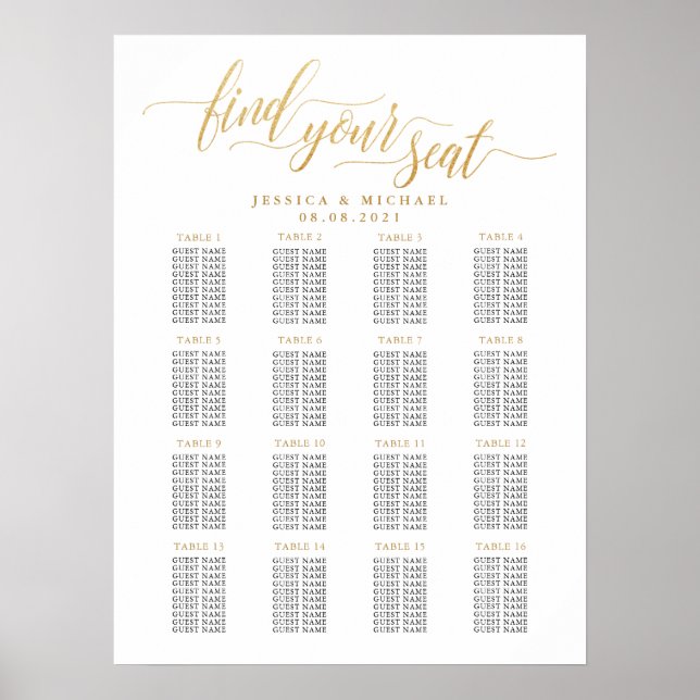 16 Tabelle Große Gold Hochzeitsgast-Seating Chart Poster (Vorne)