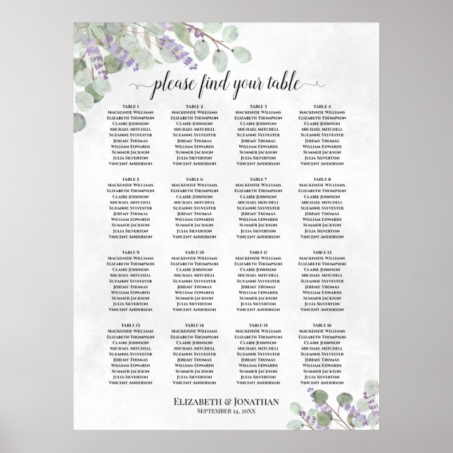 16 Tabelle Hochzeitskarte Eukalyptus Lavendel Poster (Vorne)