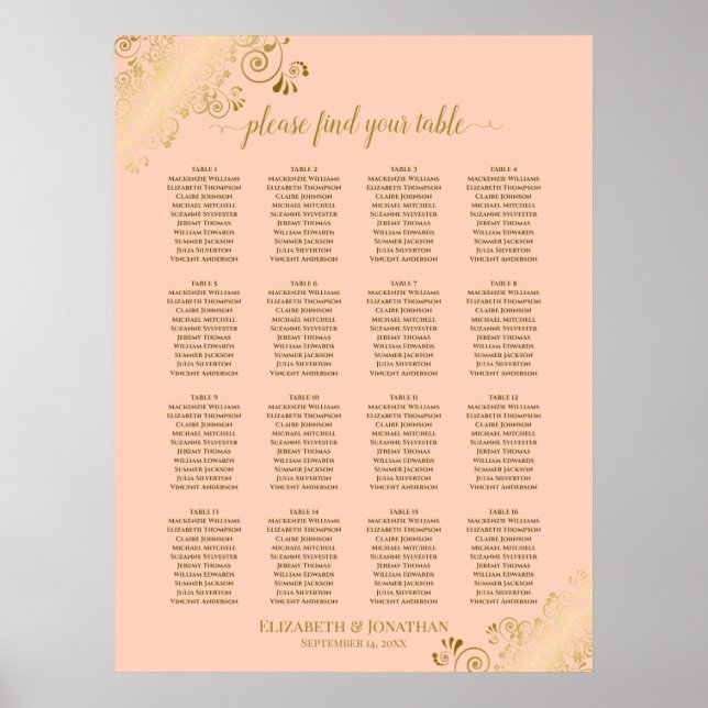 16 Tabelle Korallenpfirsich & Gold Hochzeitskarte Poster (Vorne)