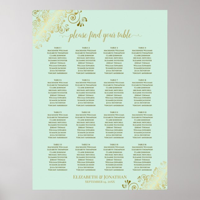 16 Tabelle Minze Grün & Gold Hochzeitskarte Poster (Vorne)