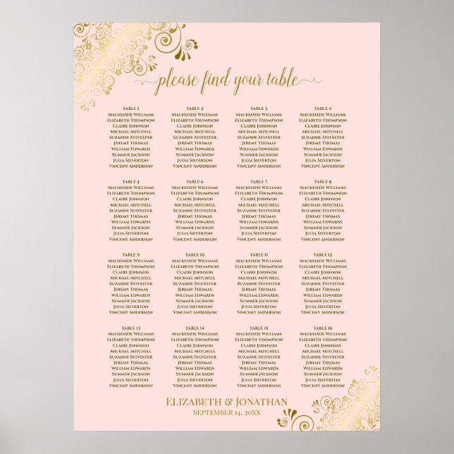 16 Tabelle Rosa und Gold Hochzeitskarte Poster (Vorne)