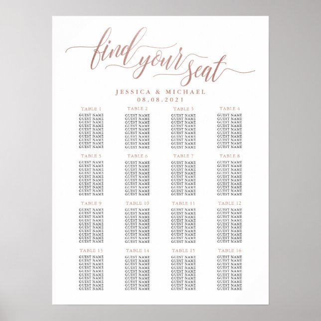 16 Tabelle Rose Gold Wedding Guest Seating Chart Poster (Vorne)