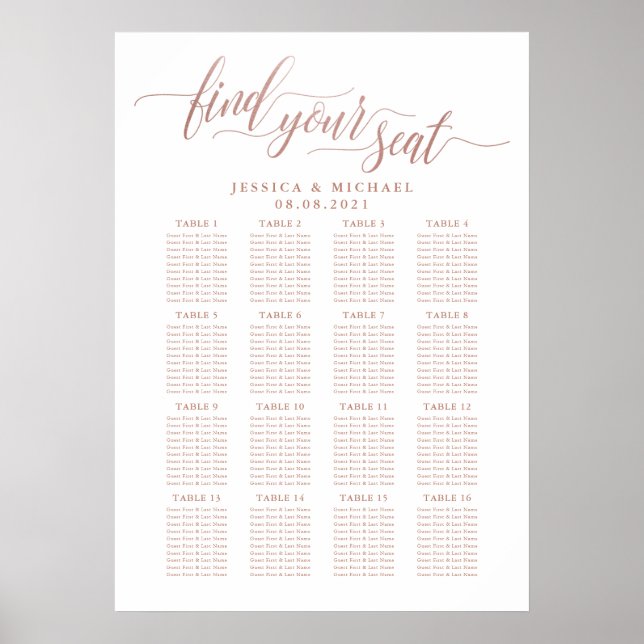 16 Tabelle Rose Gold Wedding Guest Seating Chart Poster (Vorne)