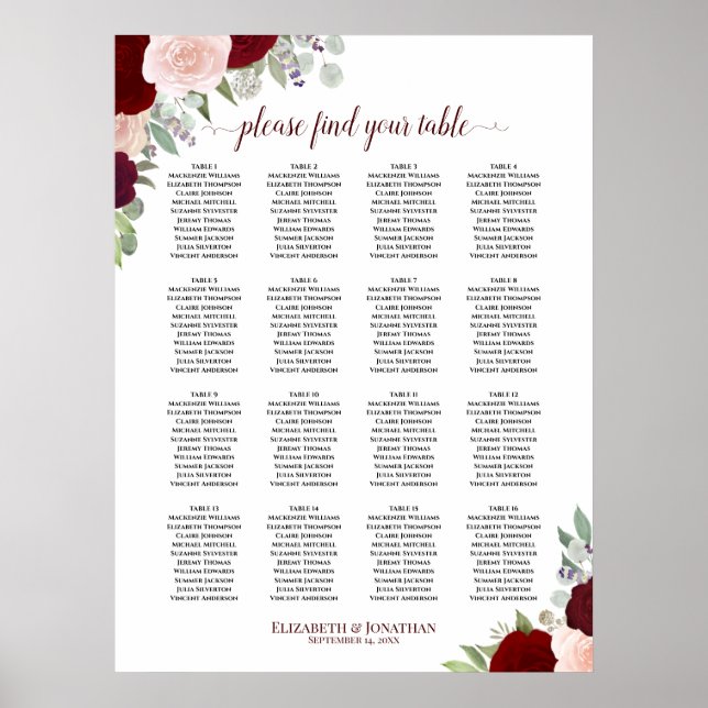 16 Tabelle Rot-Rosa-Blütensitzkarte Poster (Vorne)