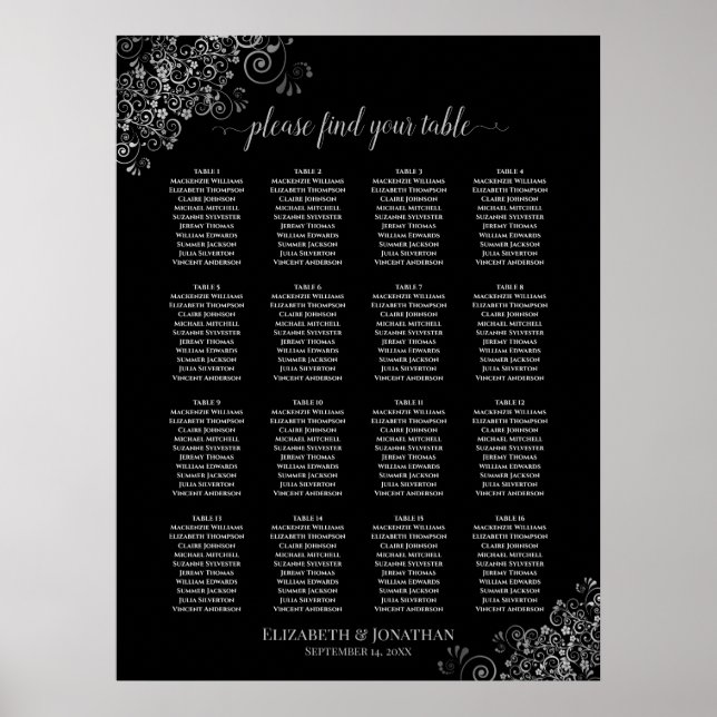 16 Tabelle Silver Frills Black Wedding Seating Cha Poster (Vorne)